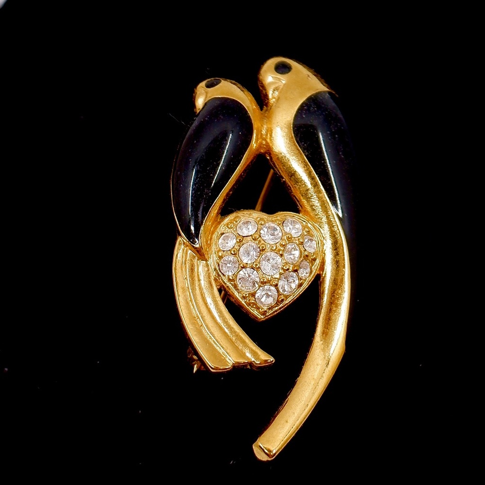 BLACK ENAMEL & CRYSTAL~birds & heart~BROOCH PIN